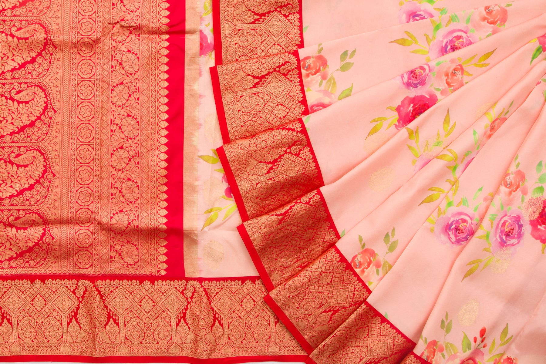 Kanchipuram Silk Floral Printed Peach Saree
