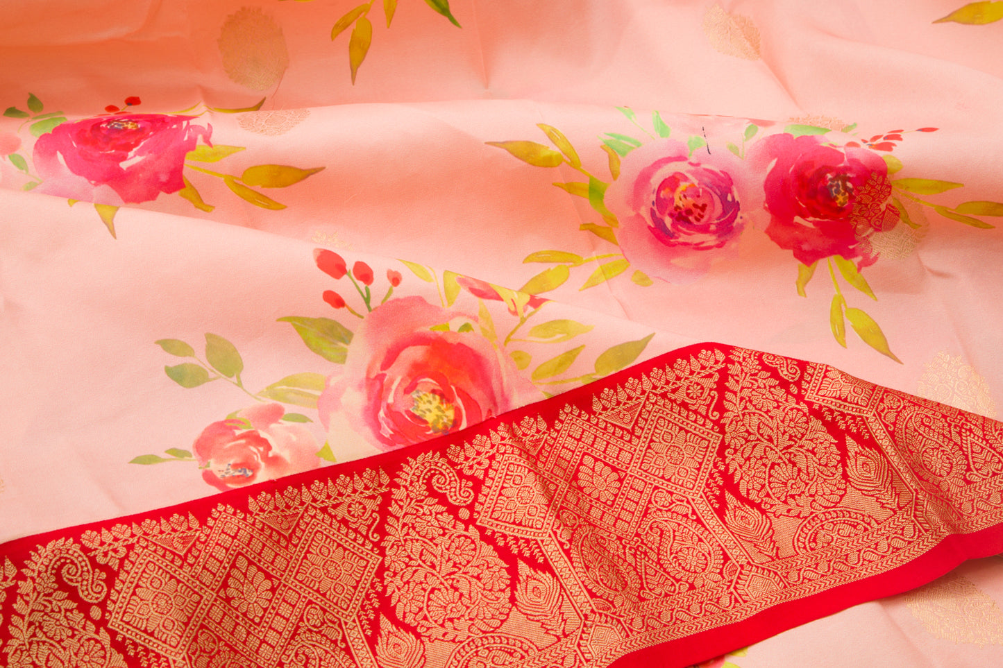 Kanchipuram Silk Floral Printed Peach Saree