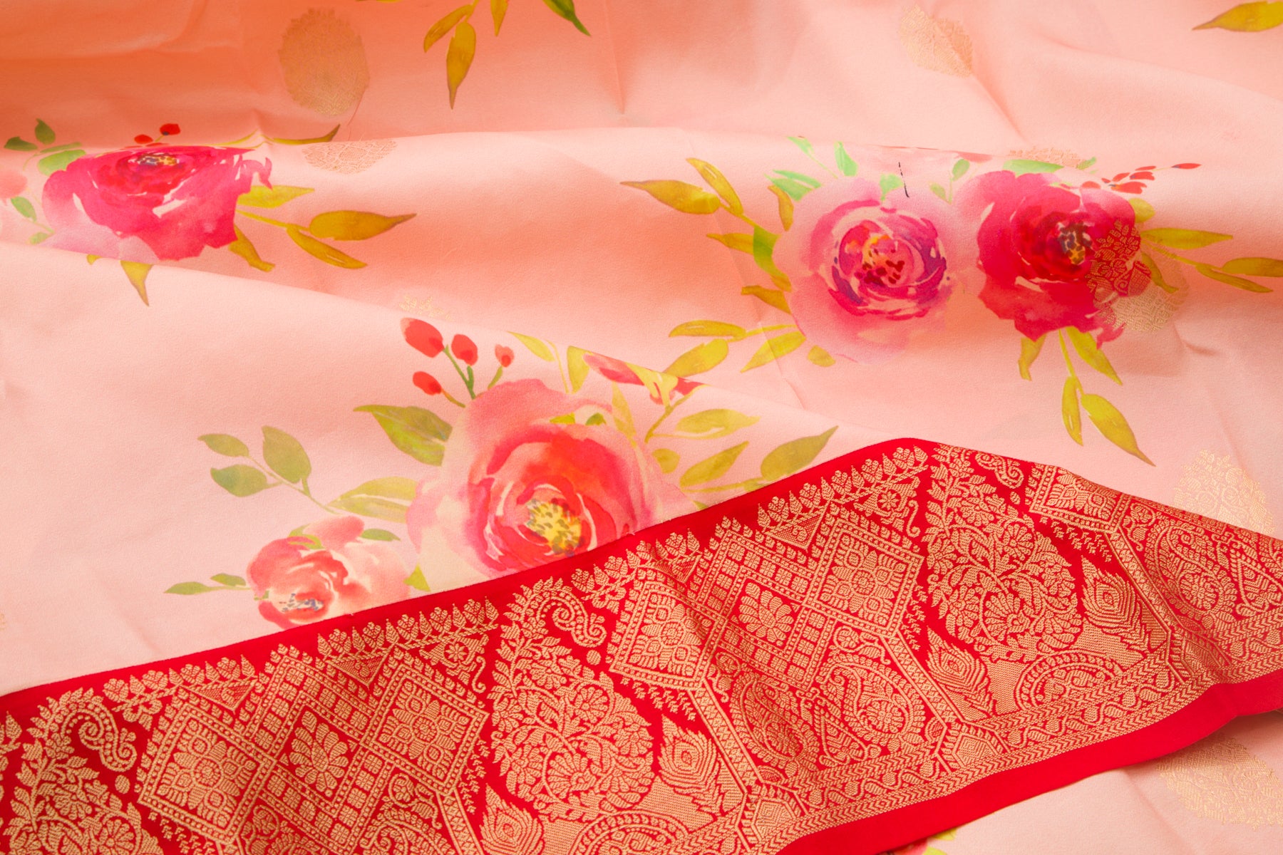 Kanchipuram Silk Floral Printed Peach Saree