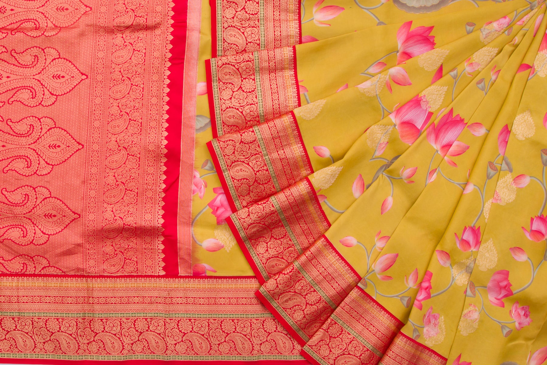 Kanchipuram Silk Floral Printed Yellowish Green Saree