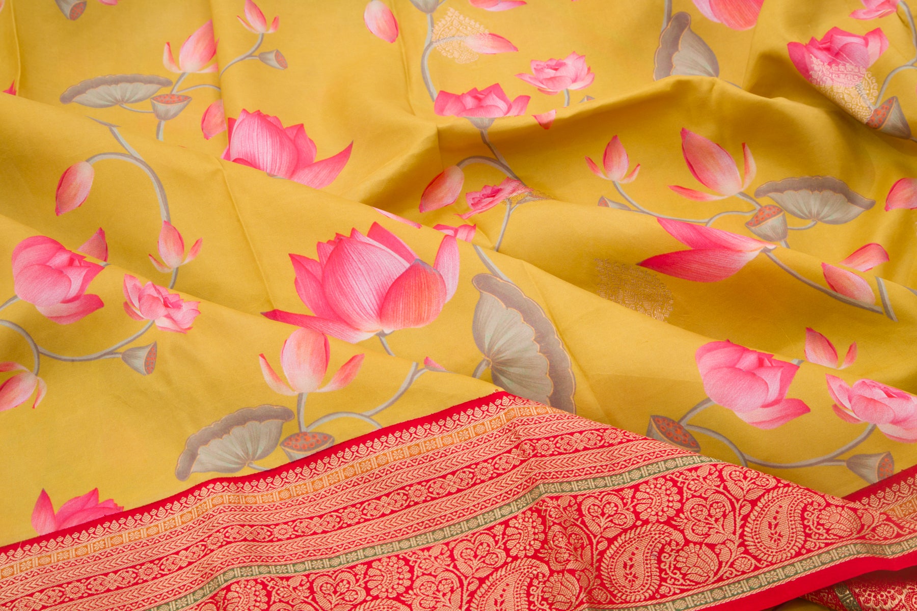 Kanchipuram Silk Floral Printed Yellowish Green Saree