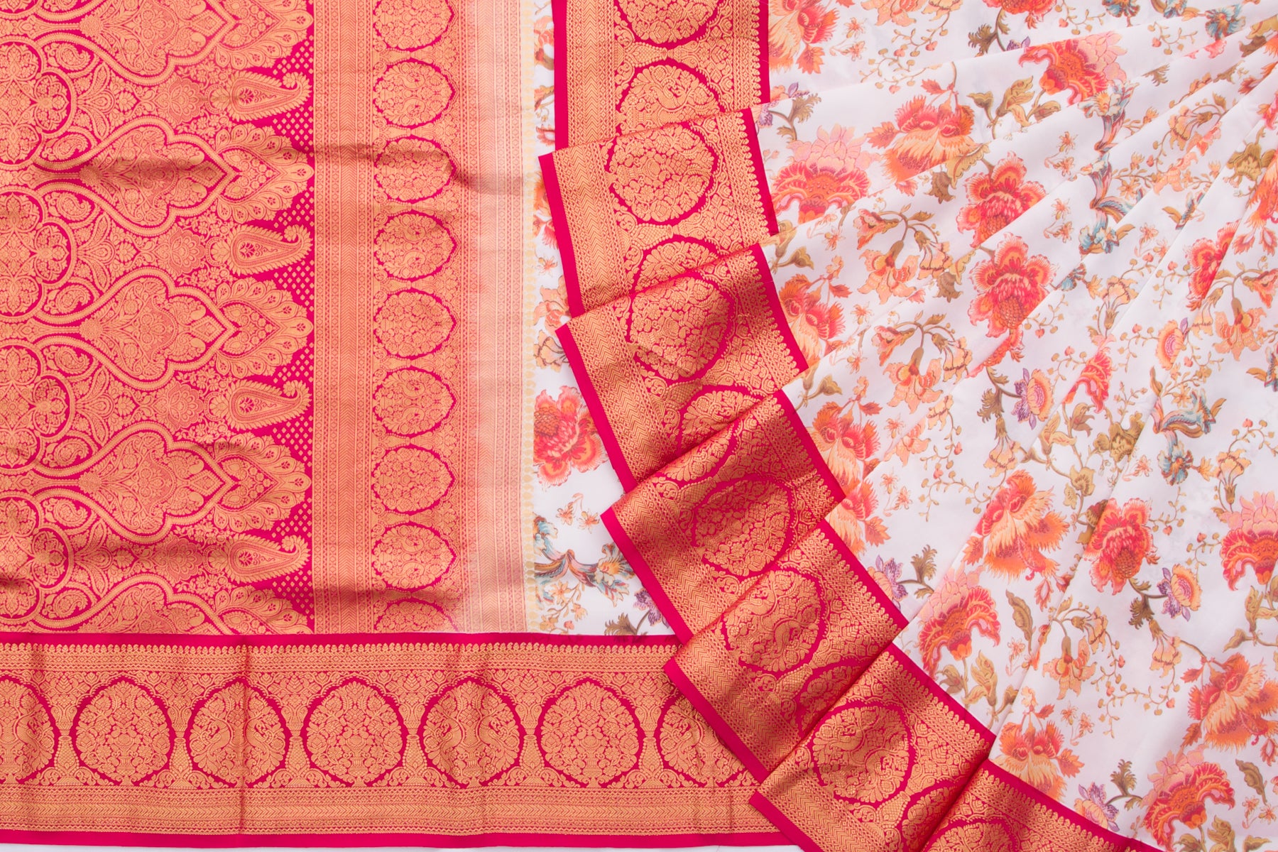 Kanchipuram Silk Floral Printed White Saree