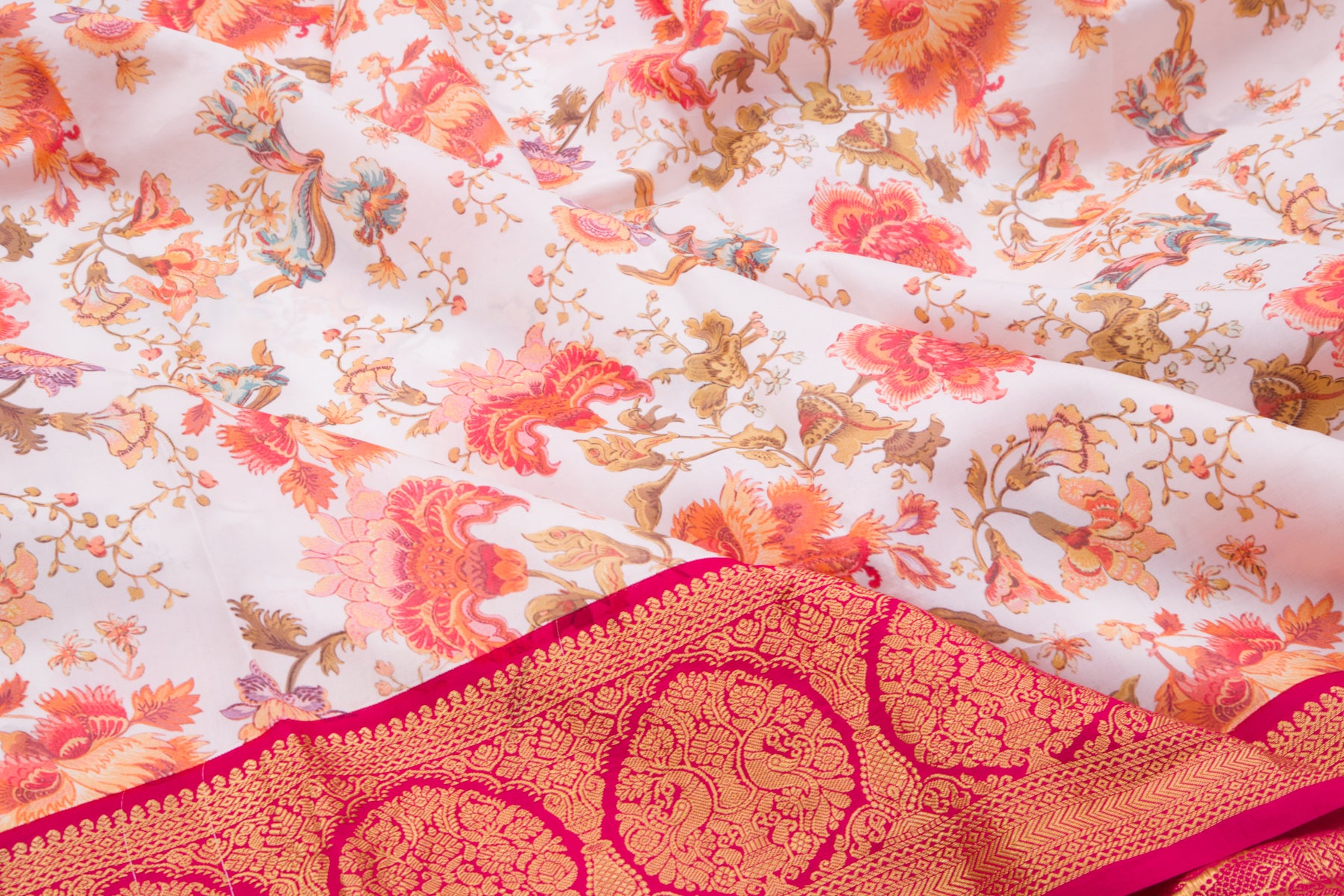 Kanchipuram Silk Floral Printed White Saree