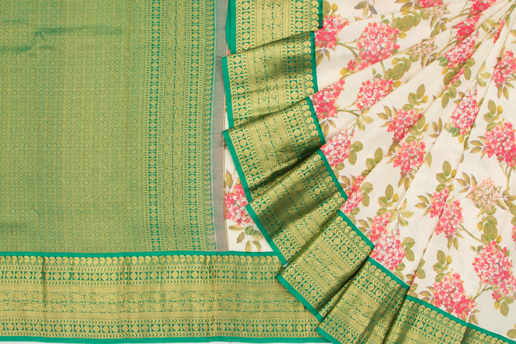 Kanchipuram Silk Floral Printed Cream Saree