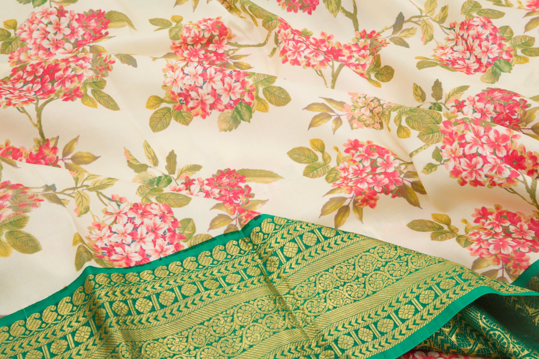 Kanchipuram Silk Floral Printed Cream Saree