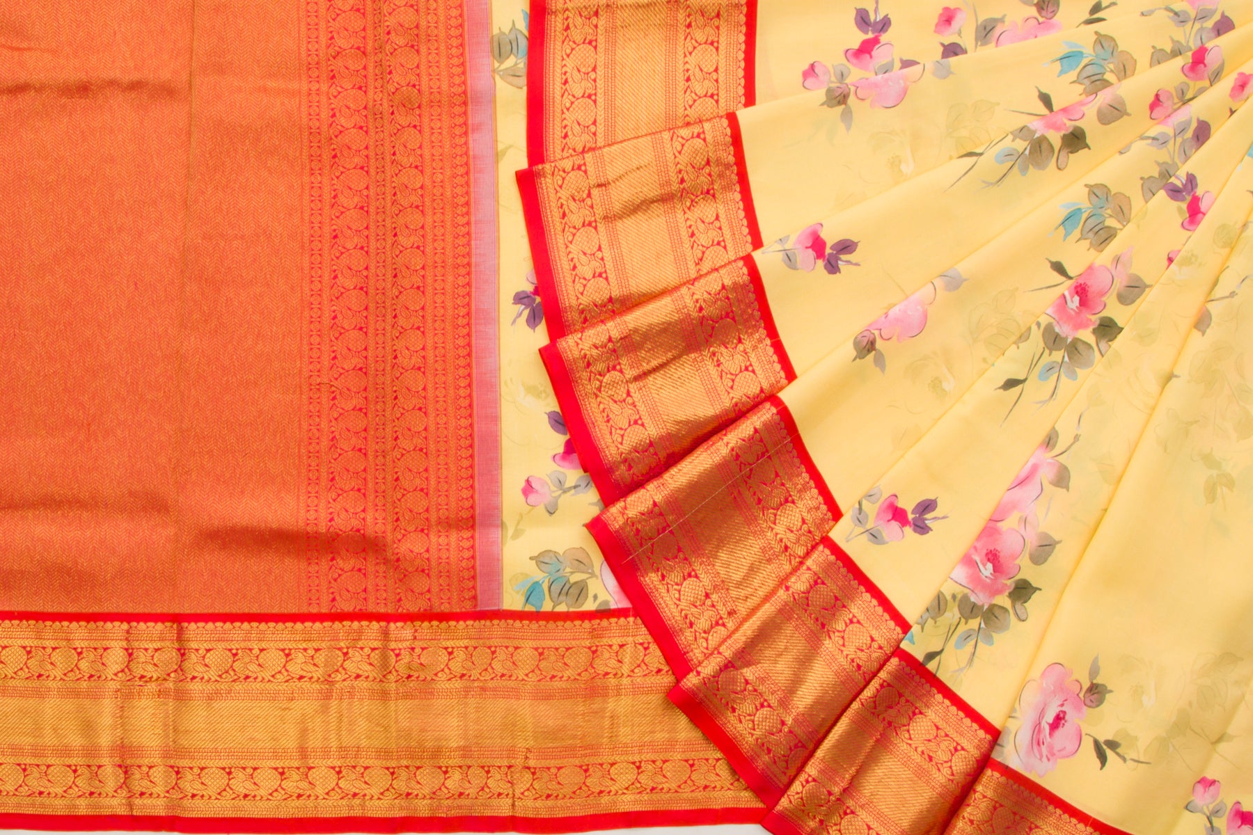 Kanchipuram Silk Floral Printed Yellow Saree