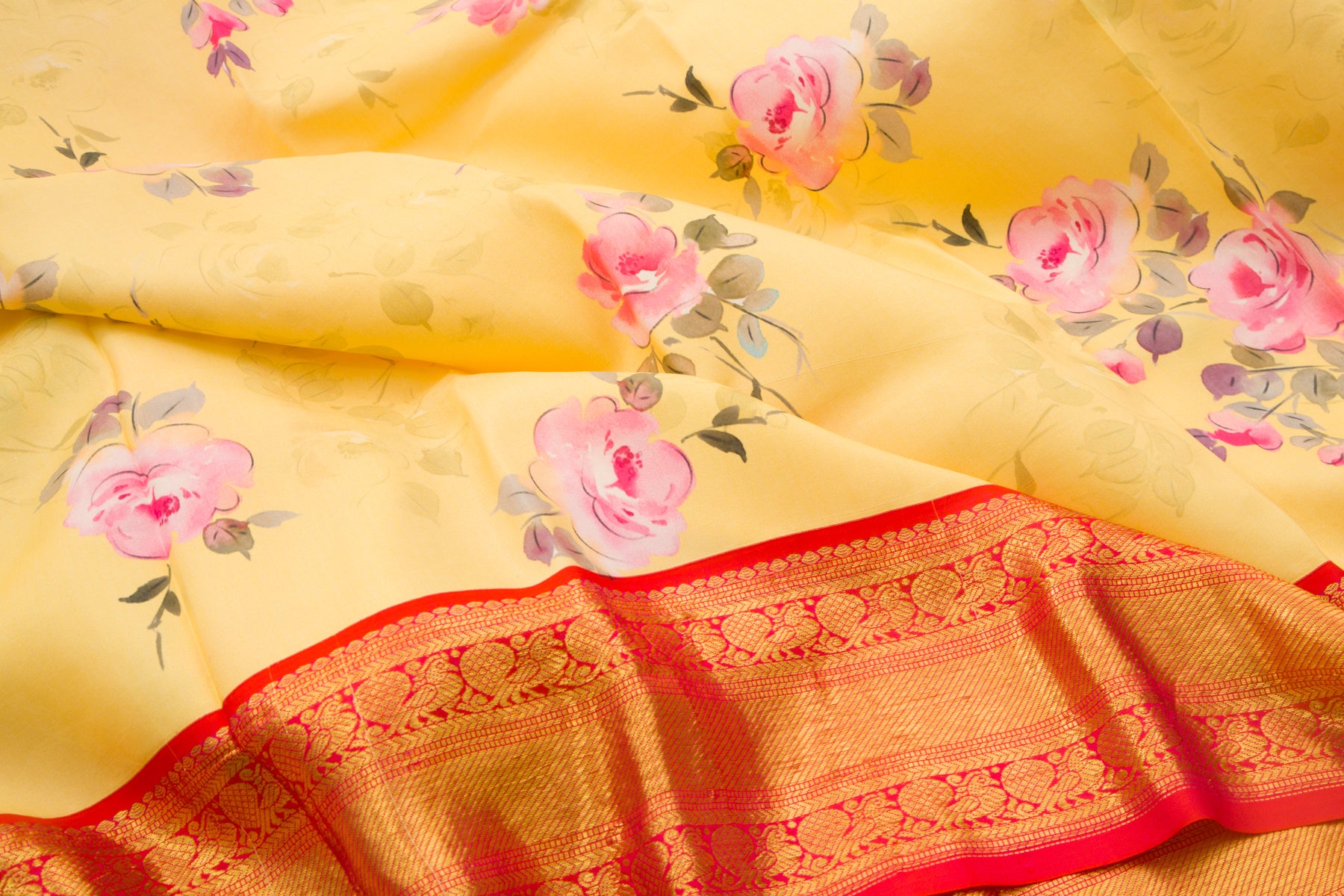 Kanchipuram Silk Floral Printed Yellow Saree