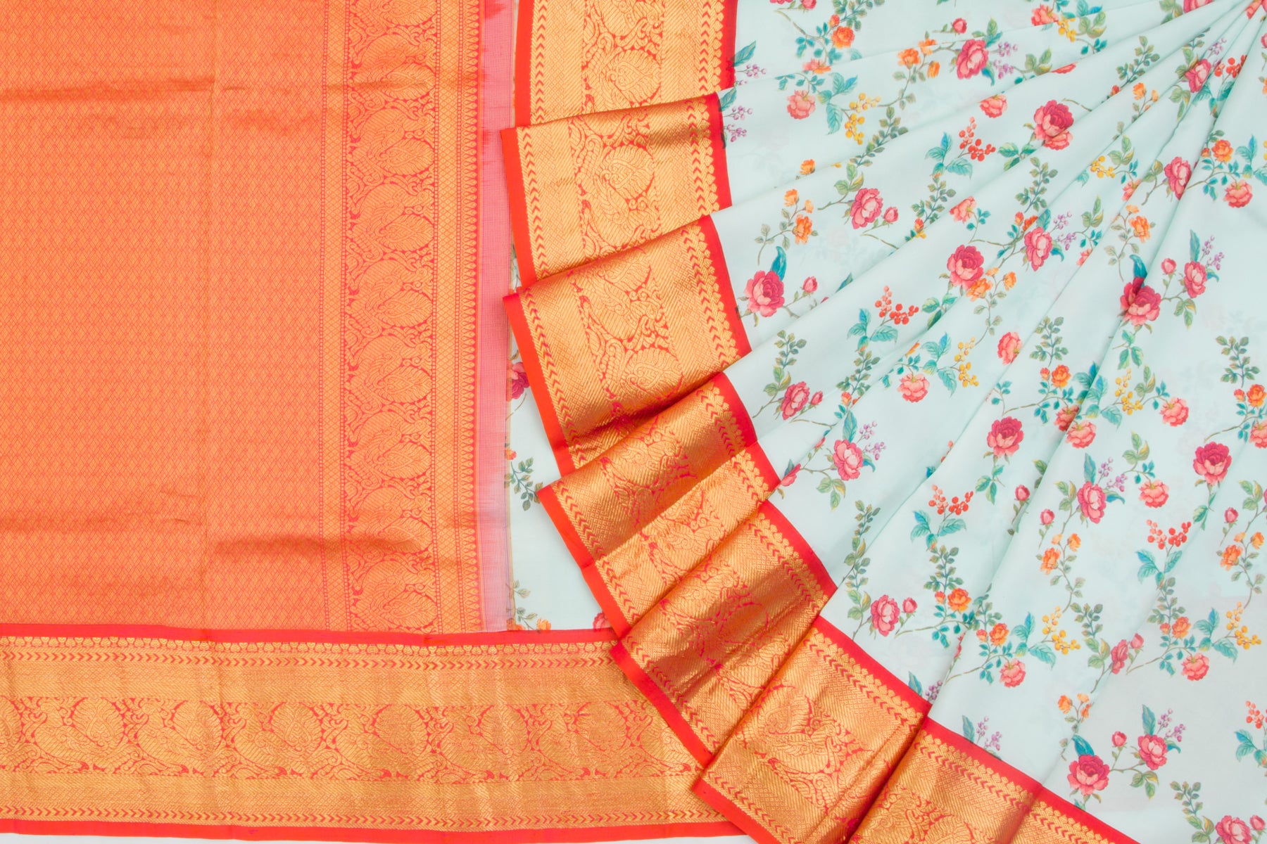 Kanchipuram Silk Floral Printed Pastel Blue Saree