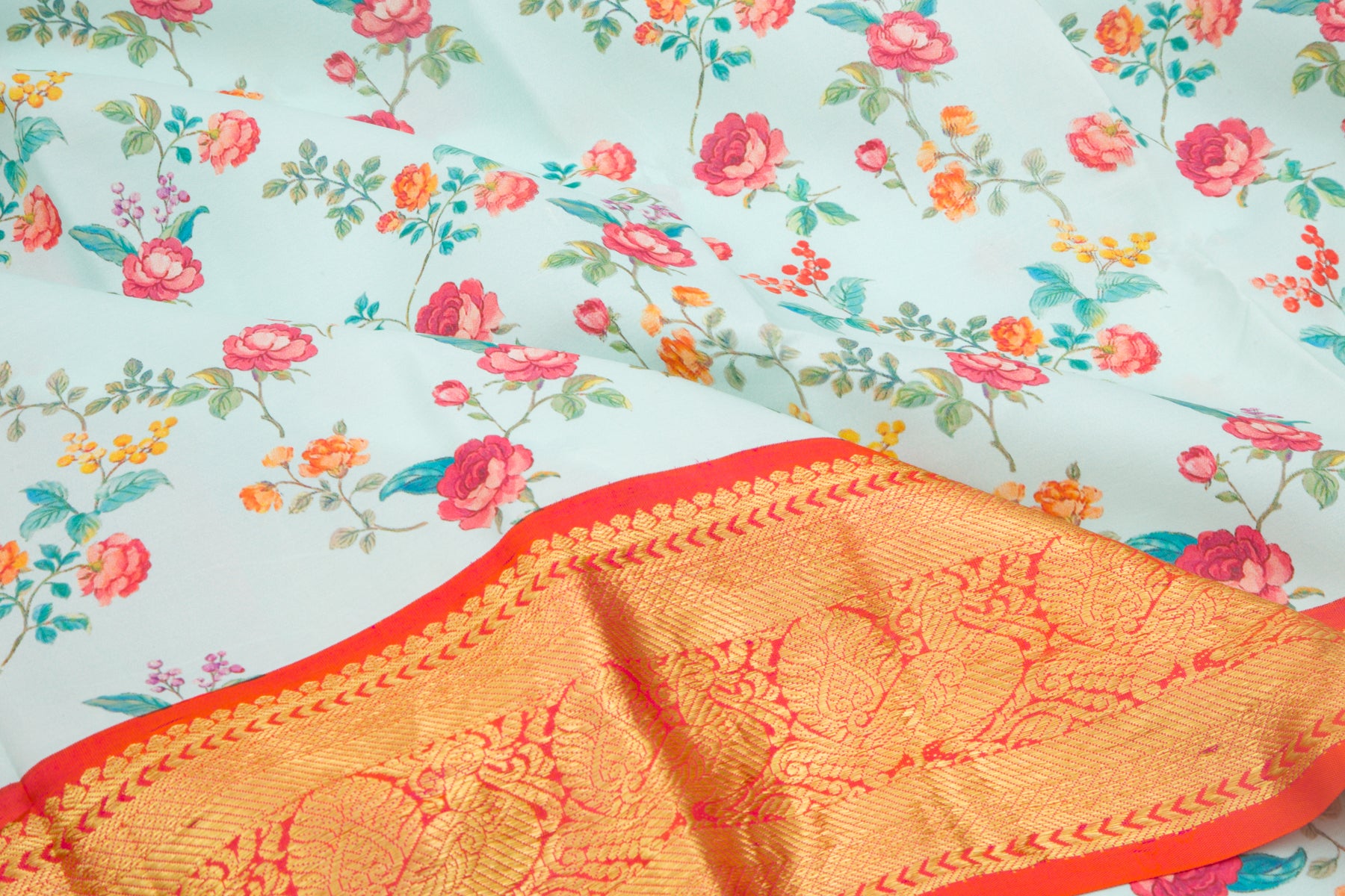 Kanchipuram Silk Floral Printed Pastel Blue Saree