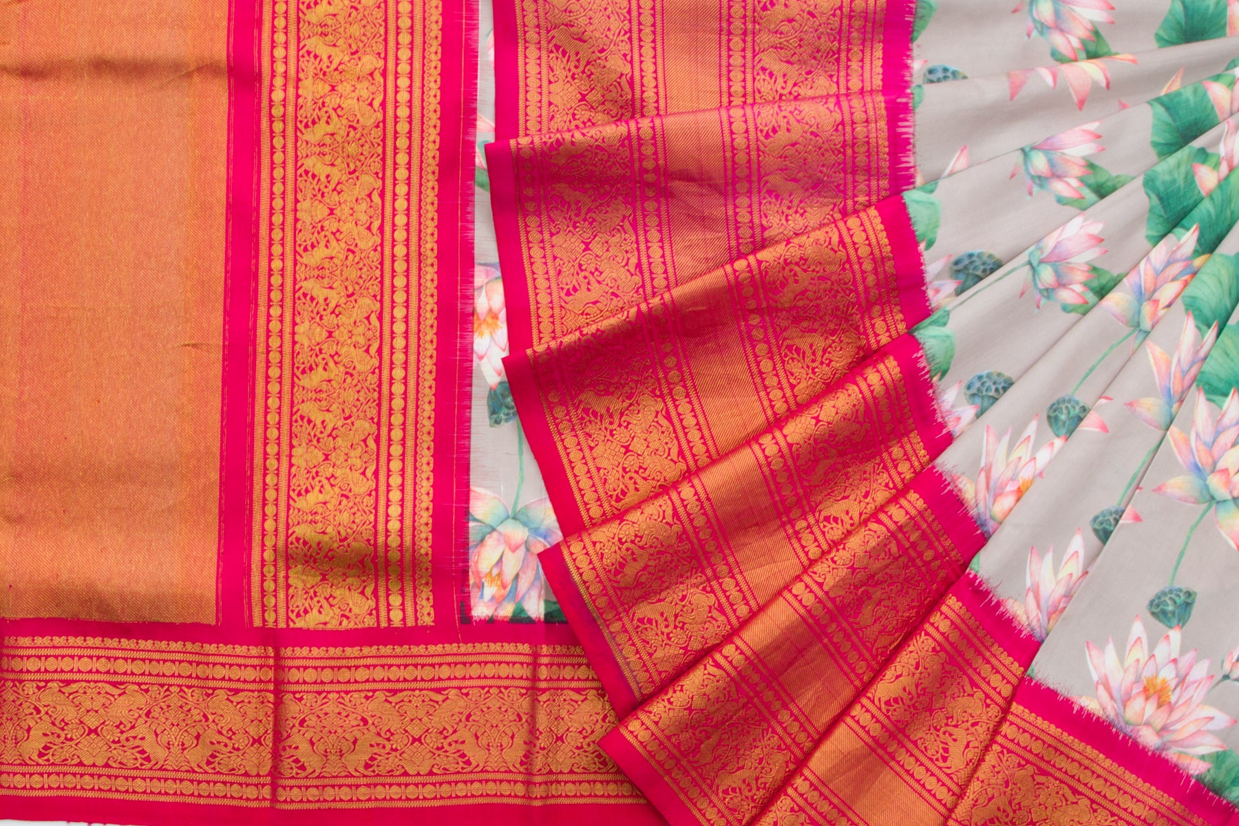Kanchipuram Silk Floral Printed Grey Saree