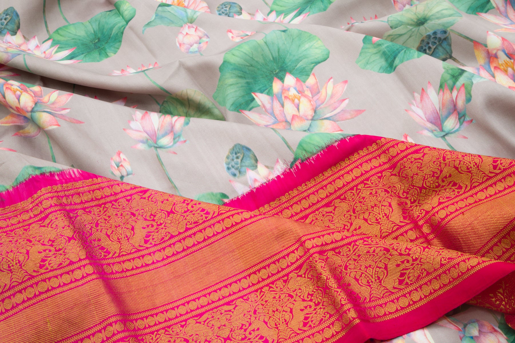 Kanchipuram Silk Floral Printed Grey Saree