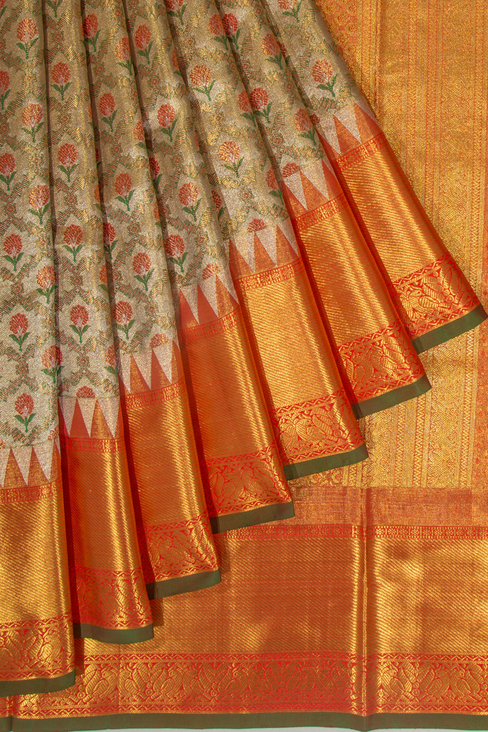 Kanchipuram Silk Tissue Jaal And Butta Gold Saree