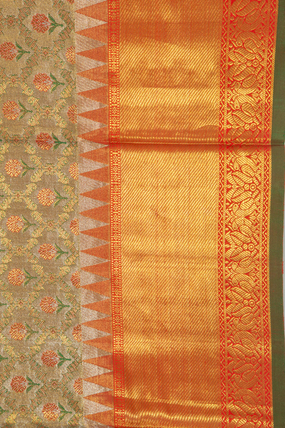 Kanchipuram Silk Tissue Jaal And Butta Gold Saree