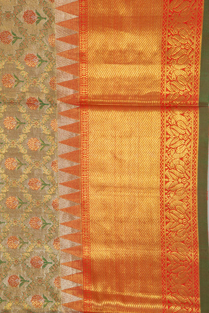 Kanchipuram Silk Tissue Jaal And Butta Gold Saree