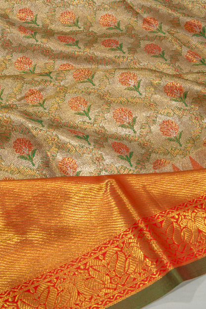 Kanchipuram Silk Tissue Jaal And Butta Gold Saree