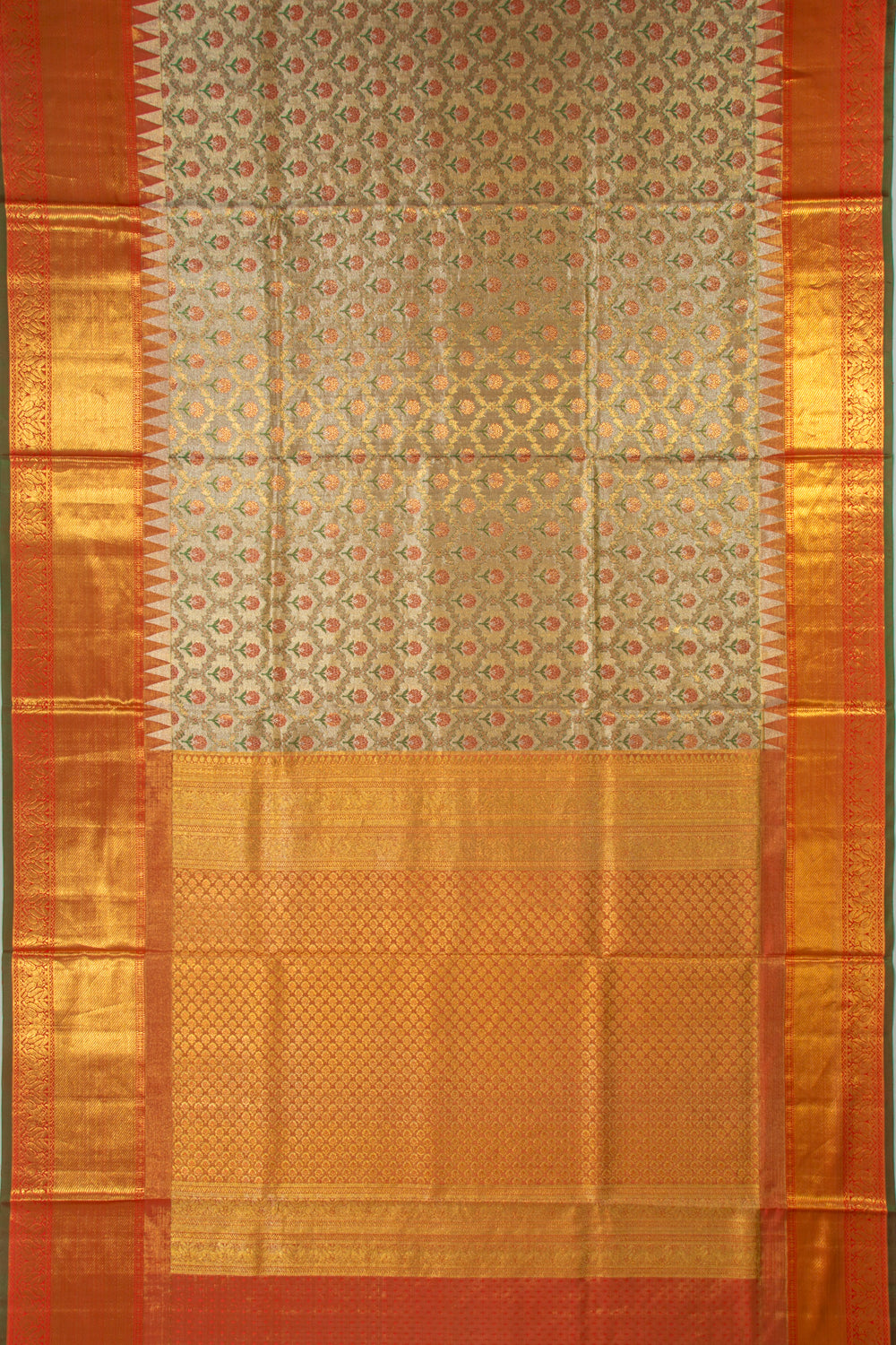 Kanchipuram Silk Tissue Jaal And Butta Gold Saree