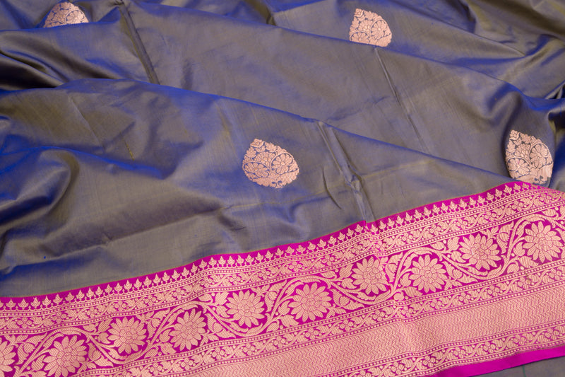 Banarasi Katan Silk Butta Blue And Grey Dual Tone Saree