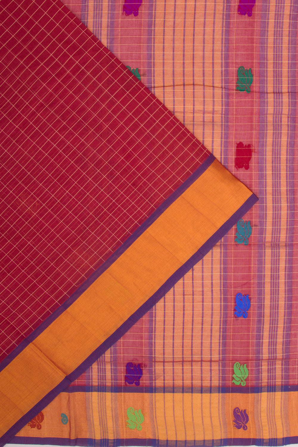 Chettinad Cotton Checks And Butta Maroon Saree