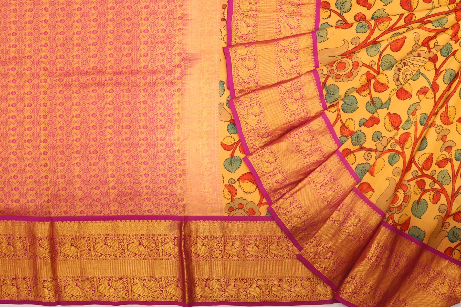 Kanchipuram Silk Kalamkari Yellow Saree