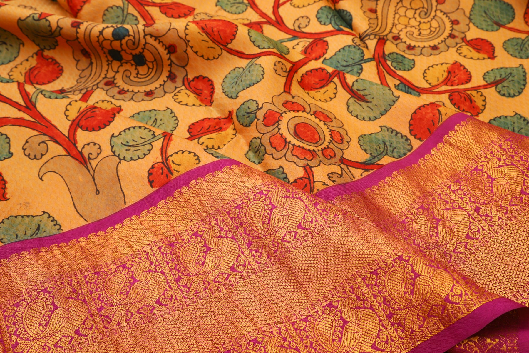 Kanchipuram Silk Kalamkari Yellow Saree