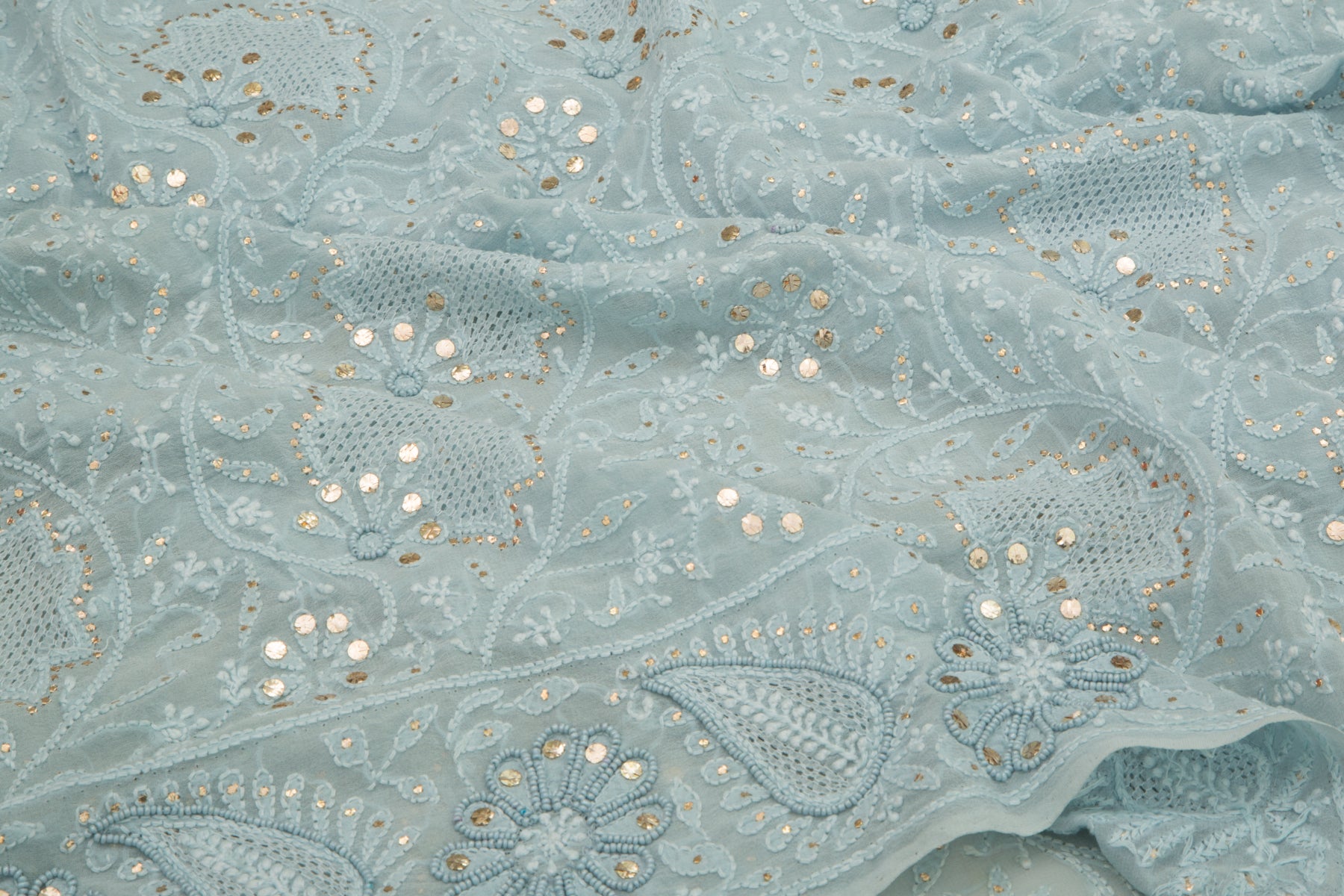 Lucknow Chikankari Georgette Pastel Blue Saree