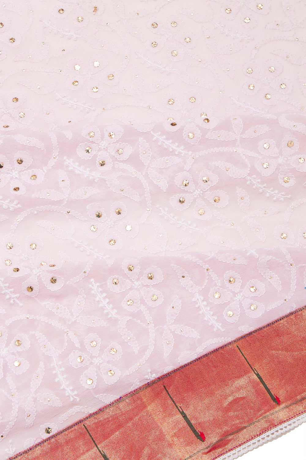 Lucknow Chikankari Georgette Pastel Pink Saree With Attached Paithani Border And Pallu