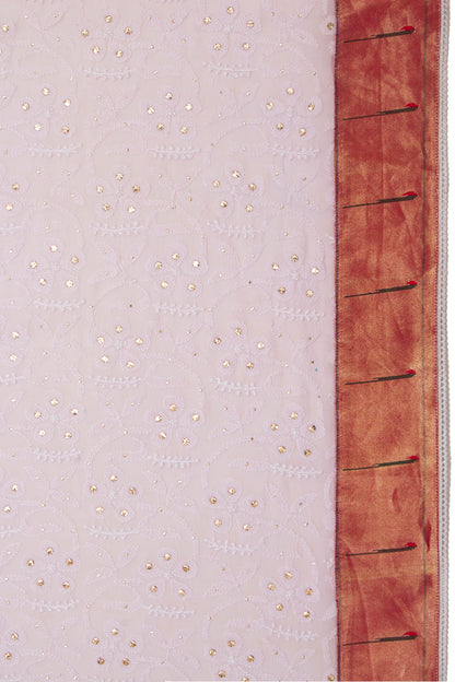 Lucknow Chikankari Georgette Pastel Pink Saree With Attached Paithani Border And Pallu