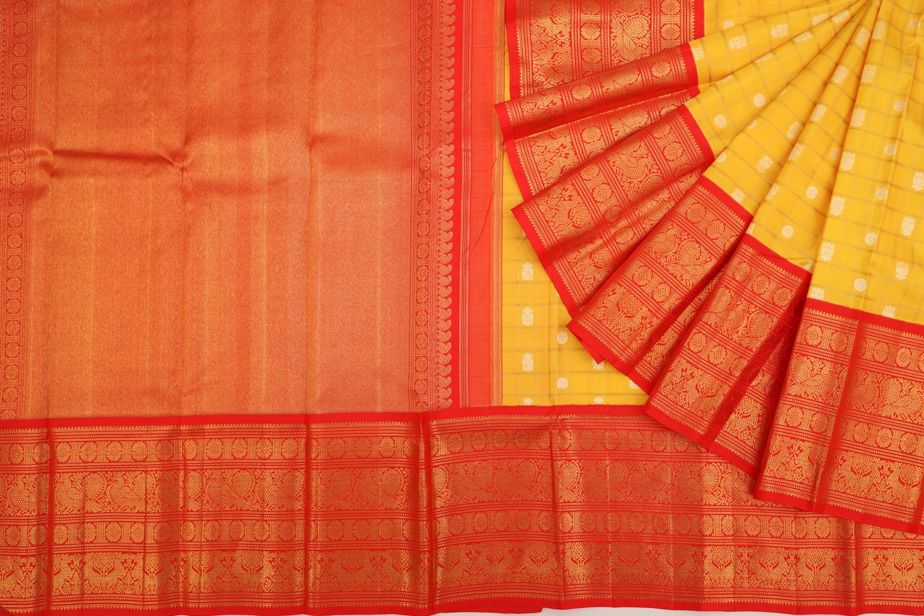 Kanchipuram Silk Checks And Butta Yellow Saree
