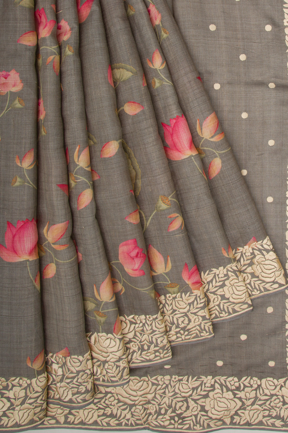 Tussar Floral Printed Elephant Grey Saree
