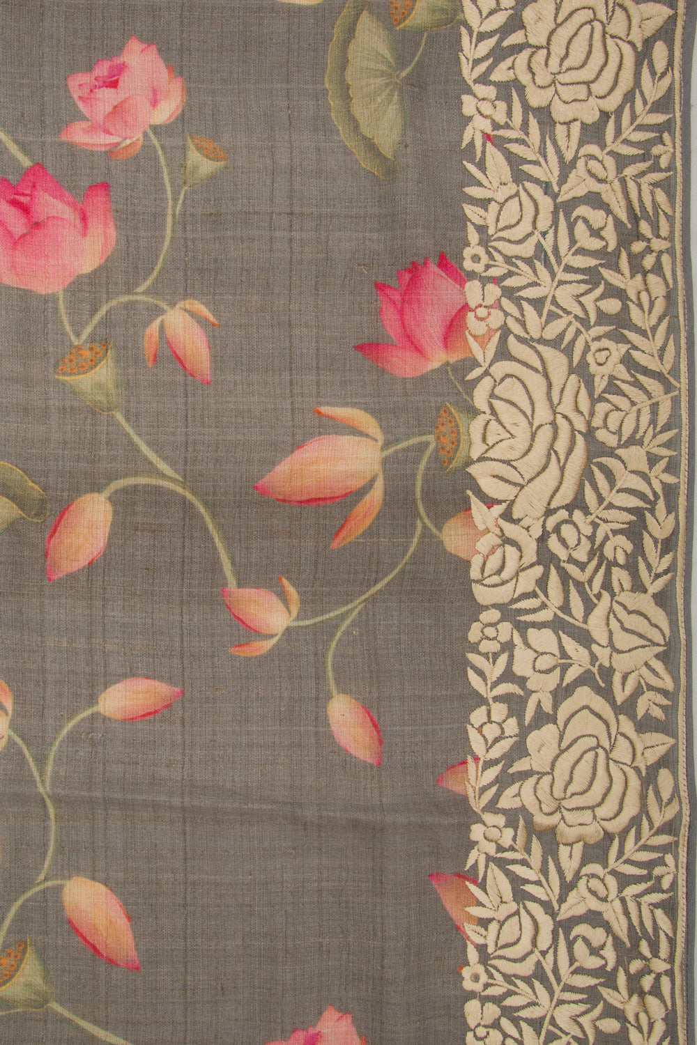 Tussar Floral Printed Elephant Grey Saree