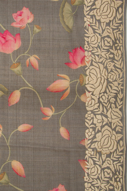 Tussar Floral Printed Elephant Grey Saree