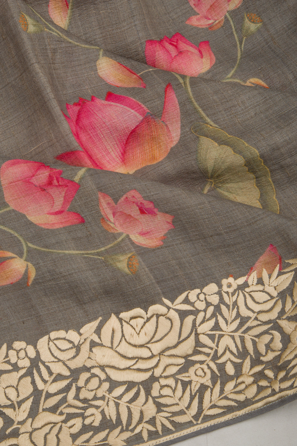 Tussar Floral Printed Elephant Grey Saree