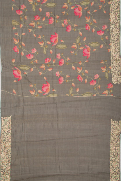 Tussar Floral Printed Elephant Grey Saree