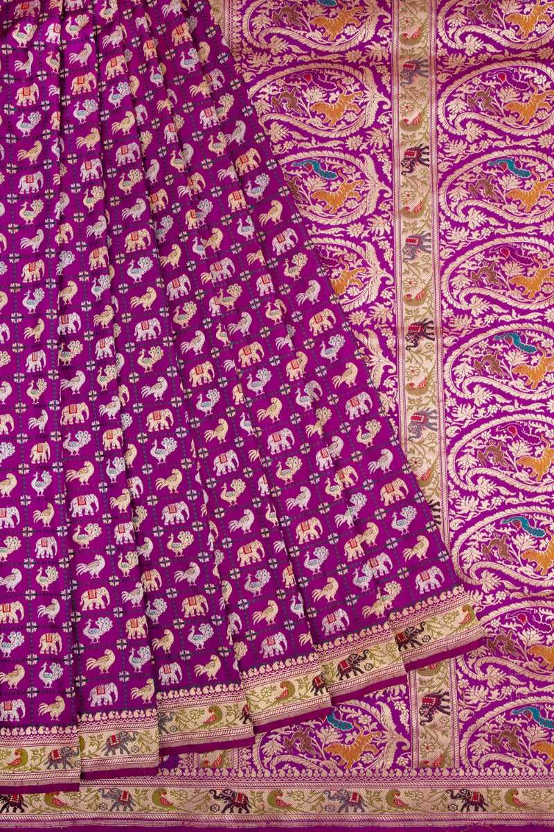 Banarasi Silk Checks And Shikargha Kadwa Butta Purple Saree