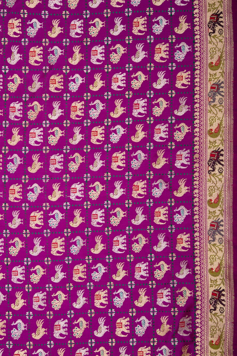 Banarasi Silk Checks And Shikargha Kadwa Butta Purple Saree