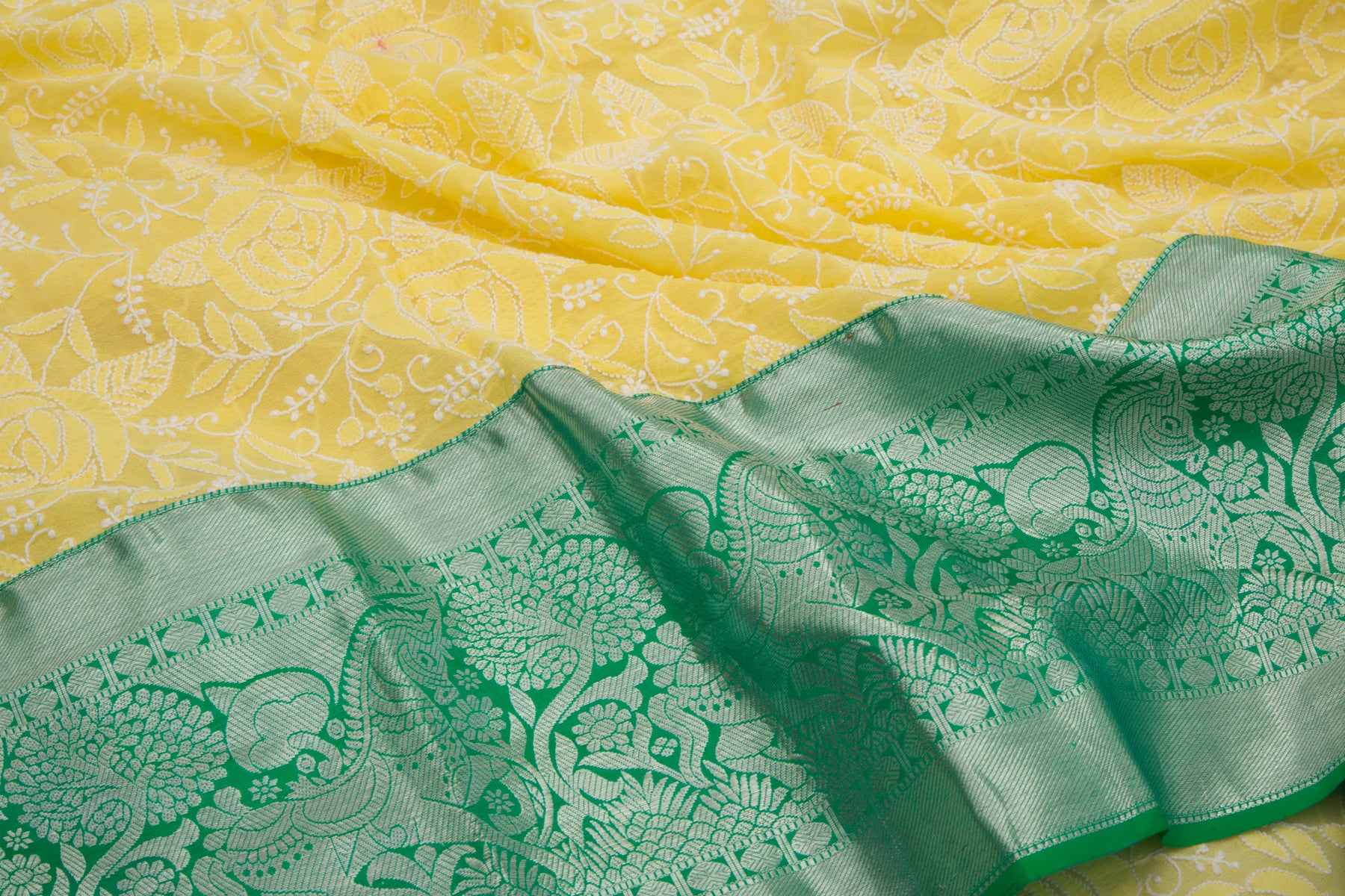 Lucknow Chikankari Georgette Yellow Saree With Kanchipuram Border