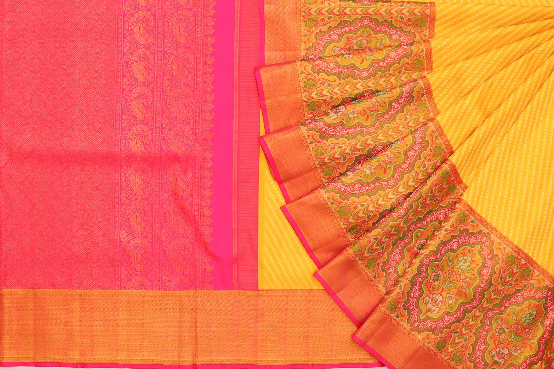 Kanchipuram Silk Diagonal Lines Brocade Yellow Saree