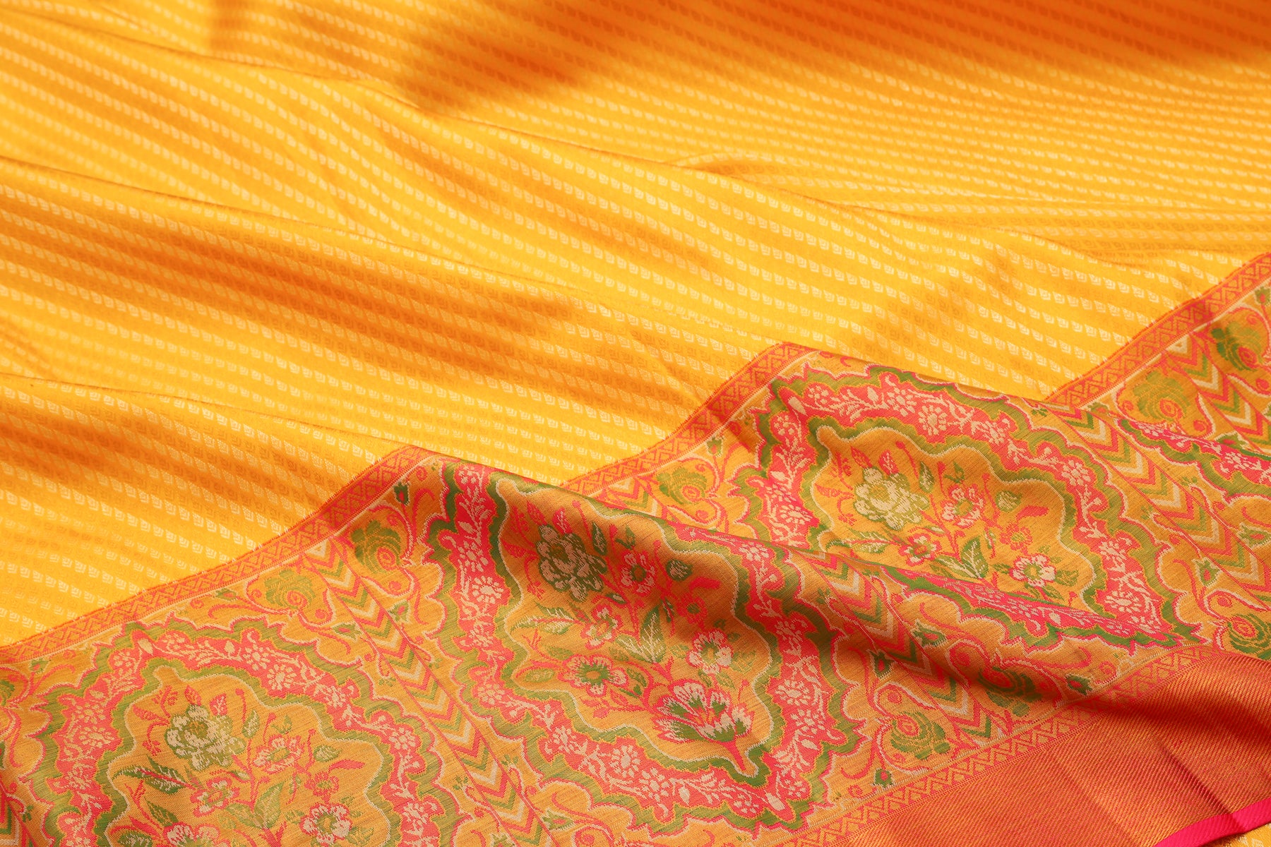 Kanchipuram Silk Diagonal Lines Brocade Yellow Saree