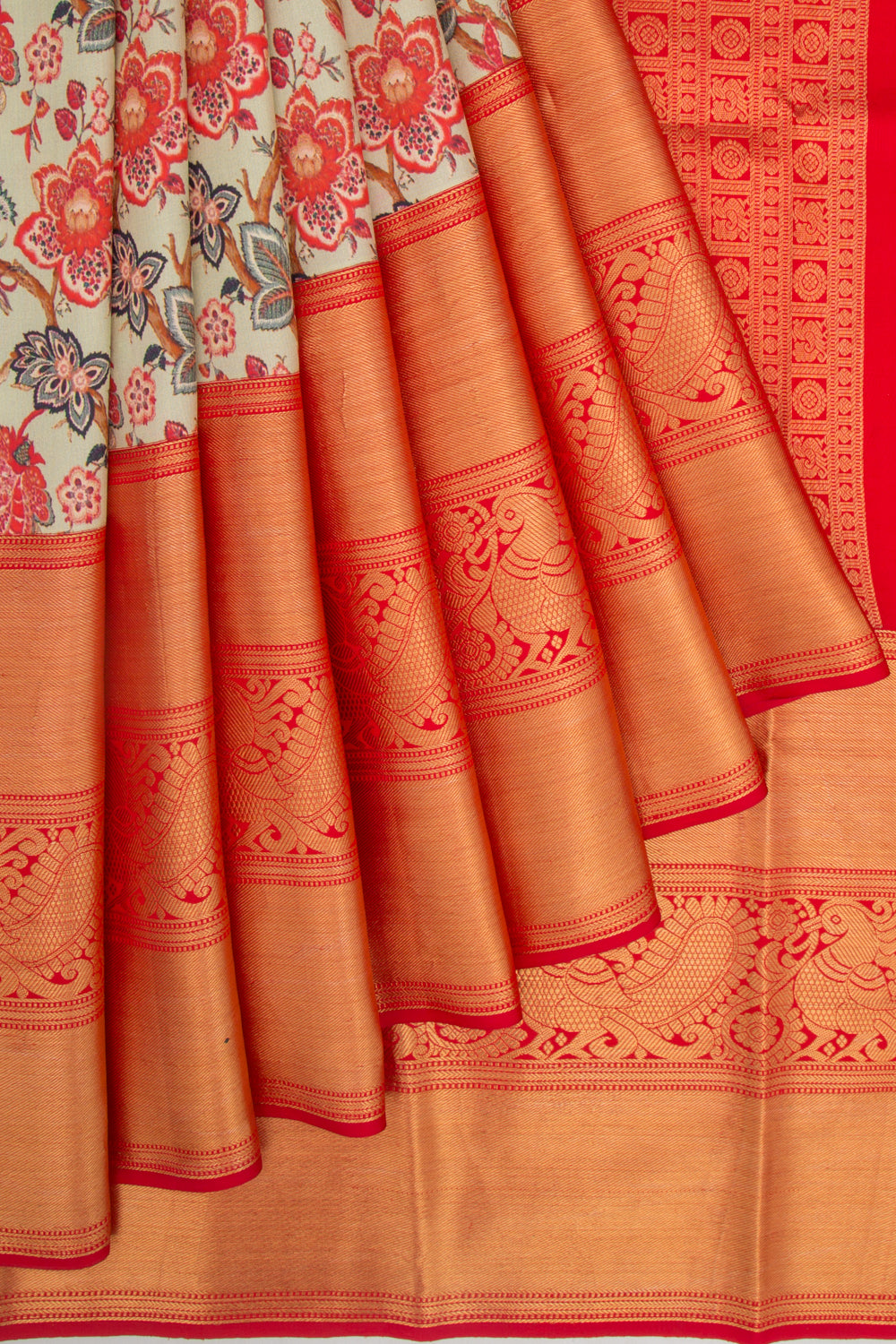 Kanchipuram Silk Floral Printed Cream Saree