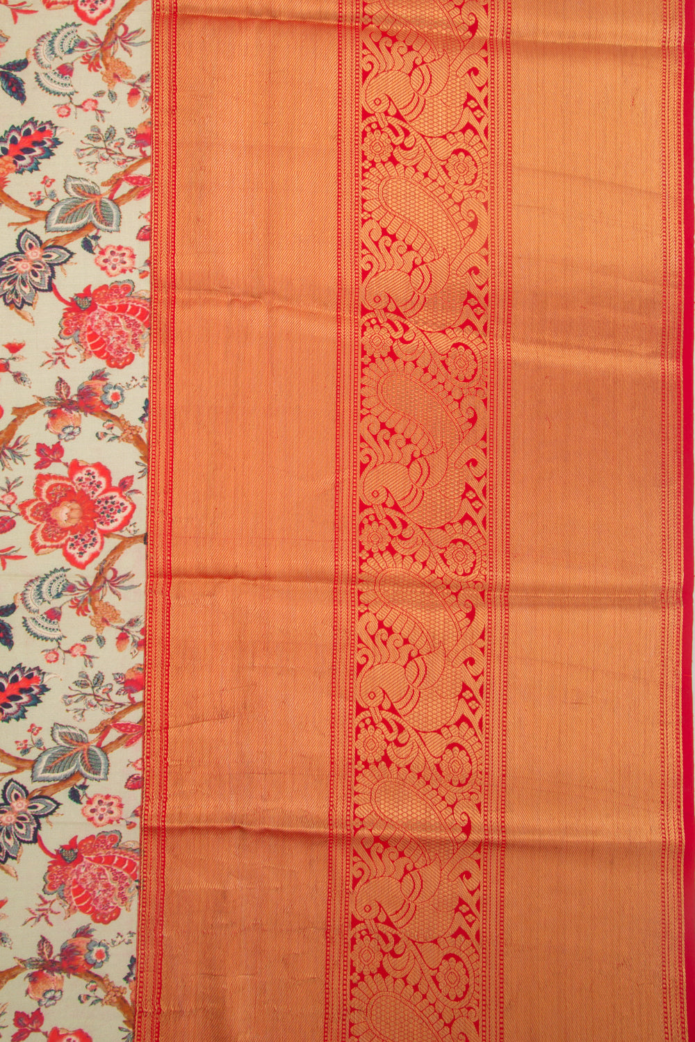 Kanchipuram Silk Floral Printed Cream Saree