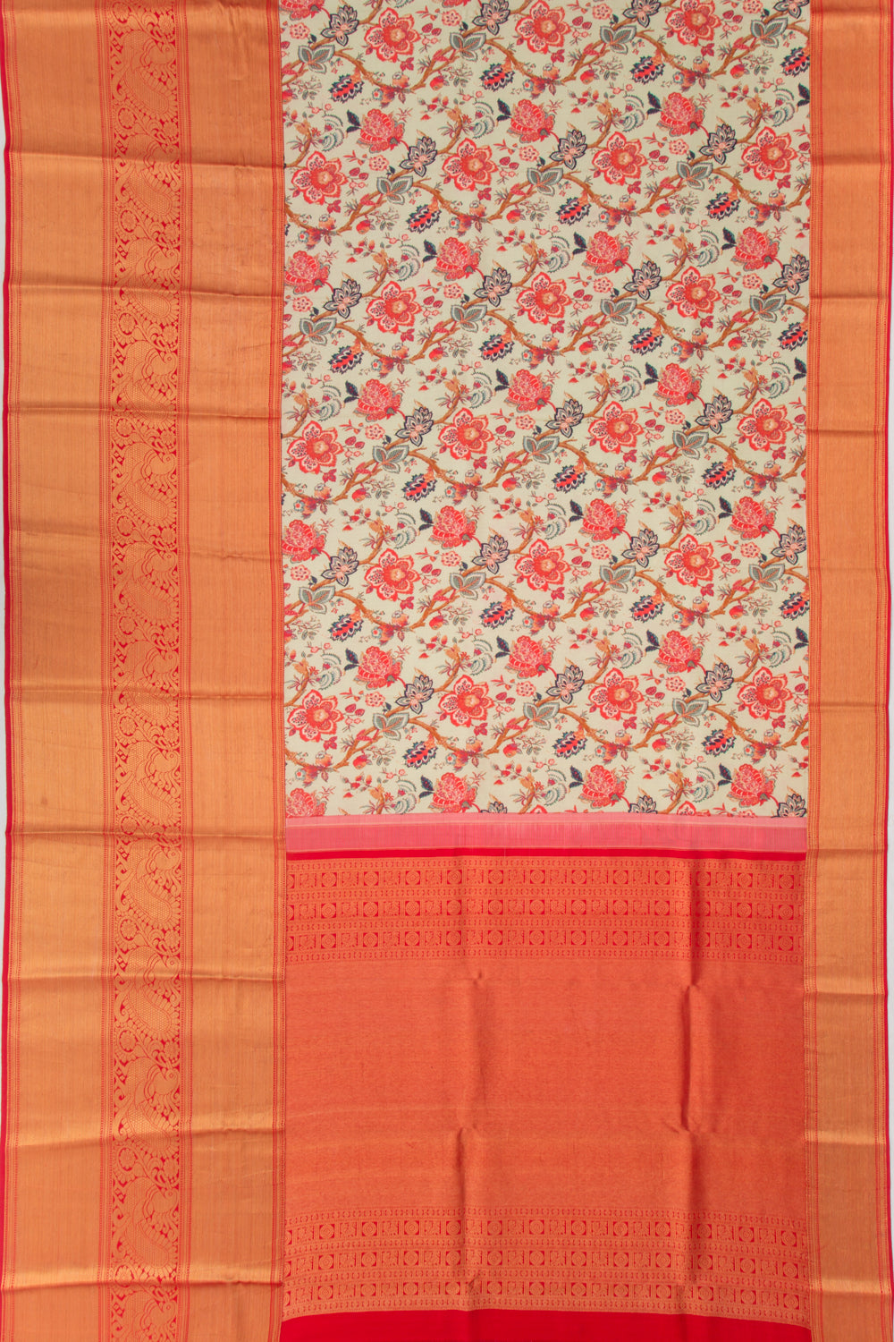 Kanchipuram Silk Floral Printed Cream Saree