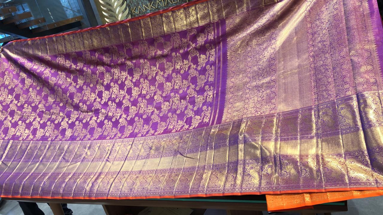 Kanchipuram Silk Oosi Lines Purple Saree