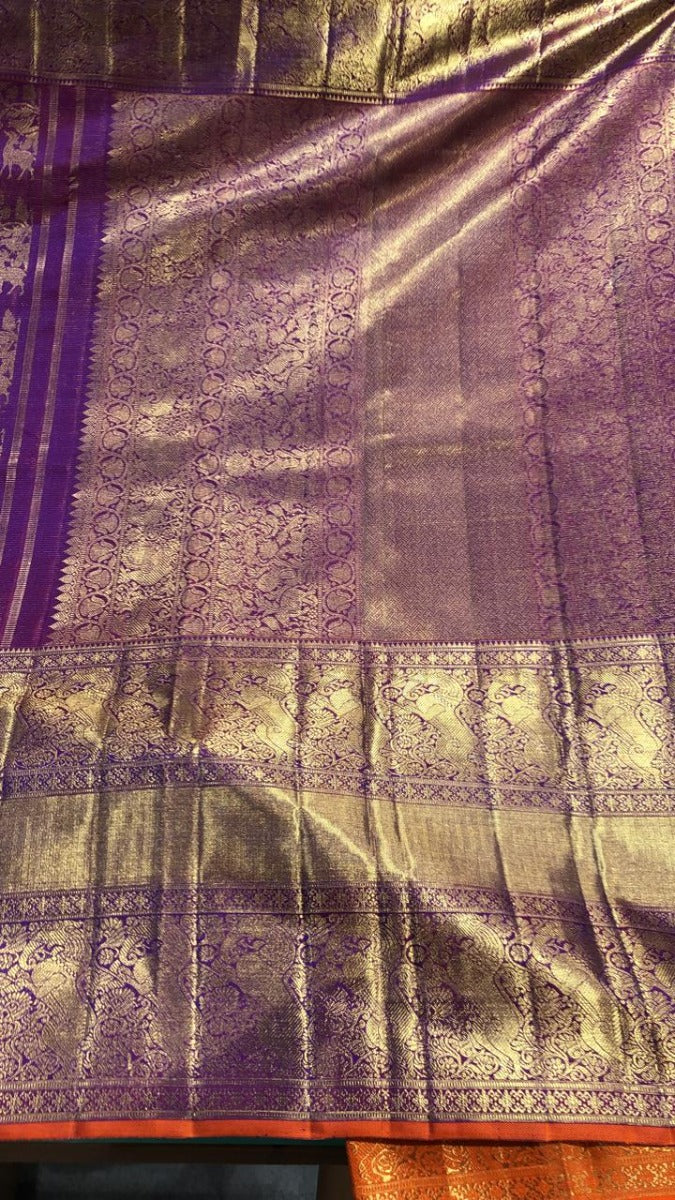 Kanchipuram Silk Oosi Lines Purple Saree