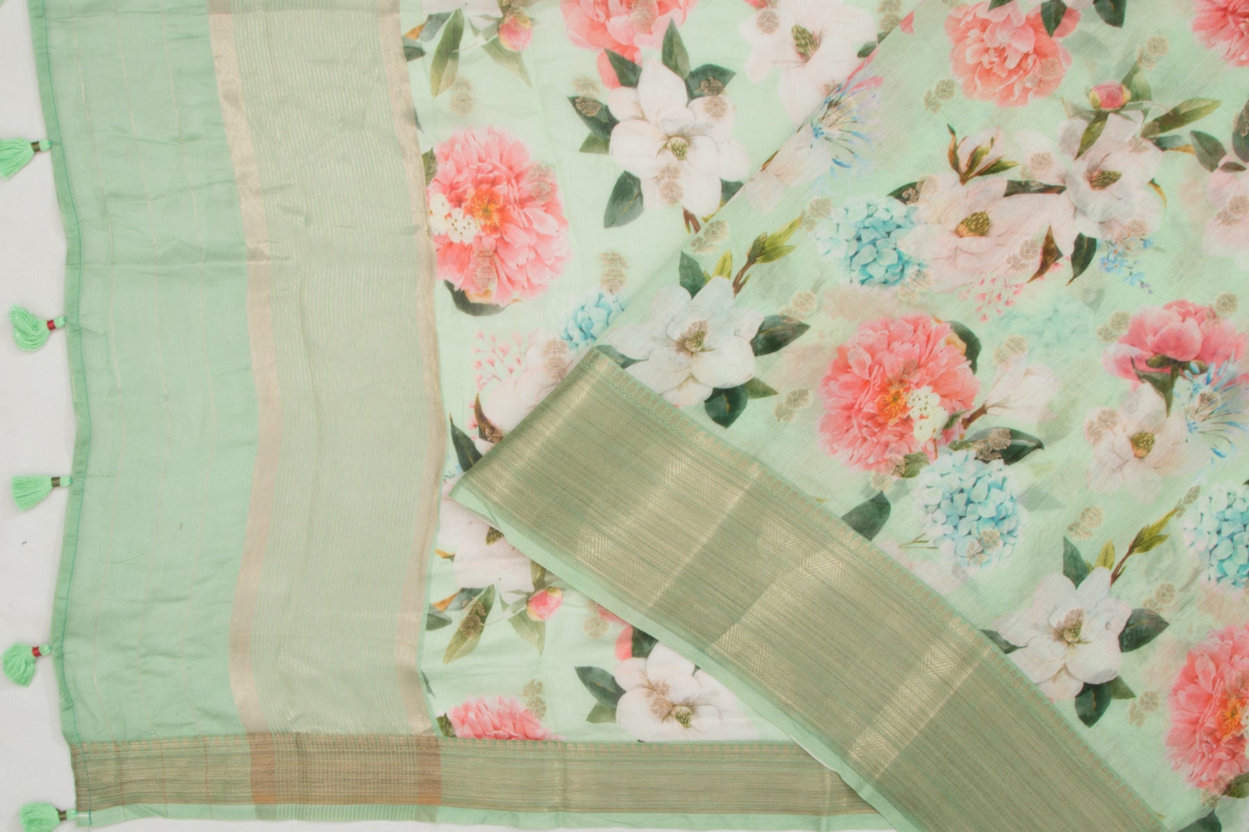 Chanderi Silk Floral Printed Pastel Green Saree