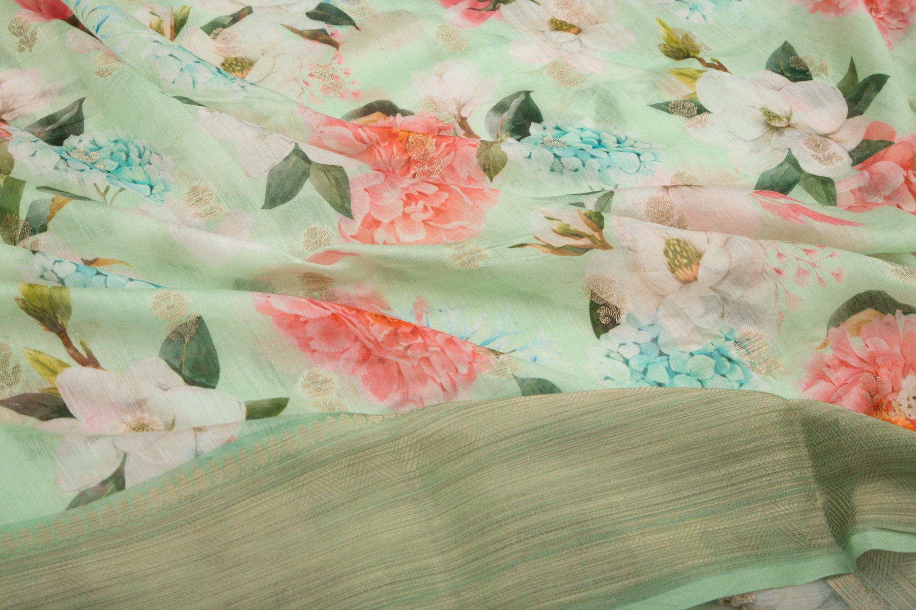 Chanderi Silk Floral Printed Pastel Green Saree