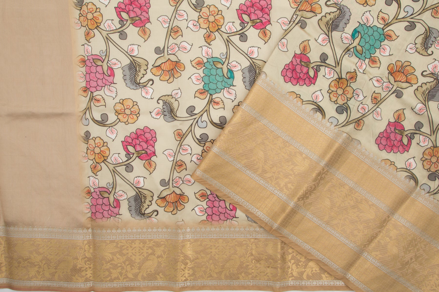 Chanderi Silk Printed Cream Saree