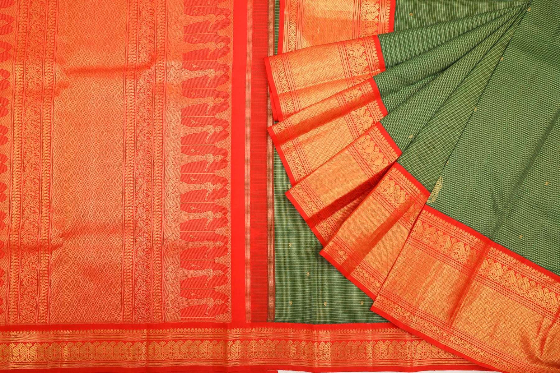 Kanchipuram Silk Checks And Butta Green Saree