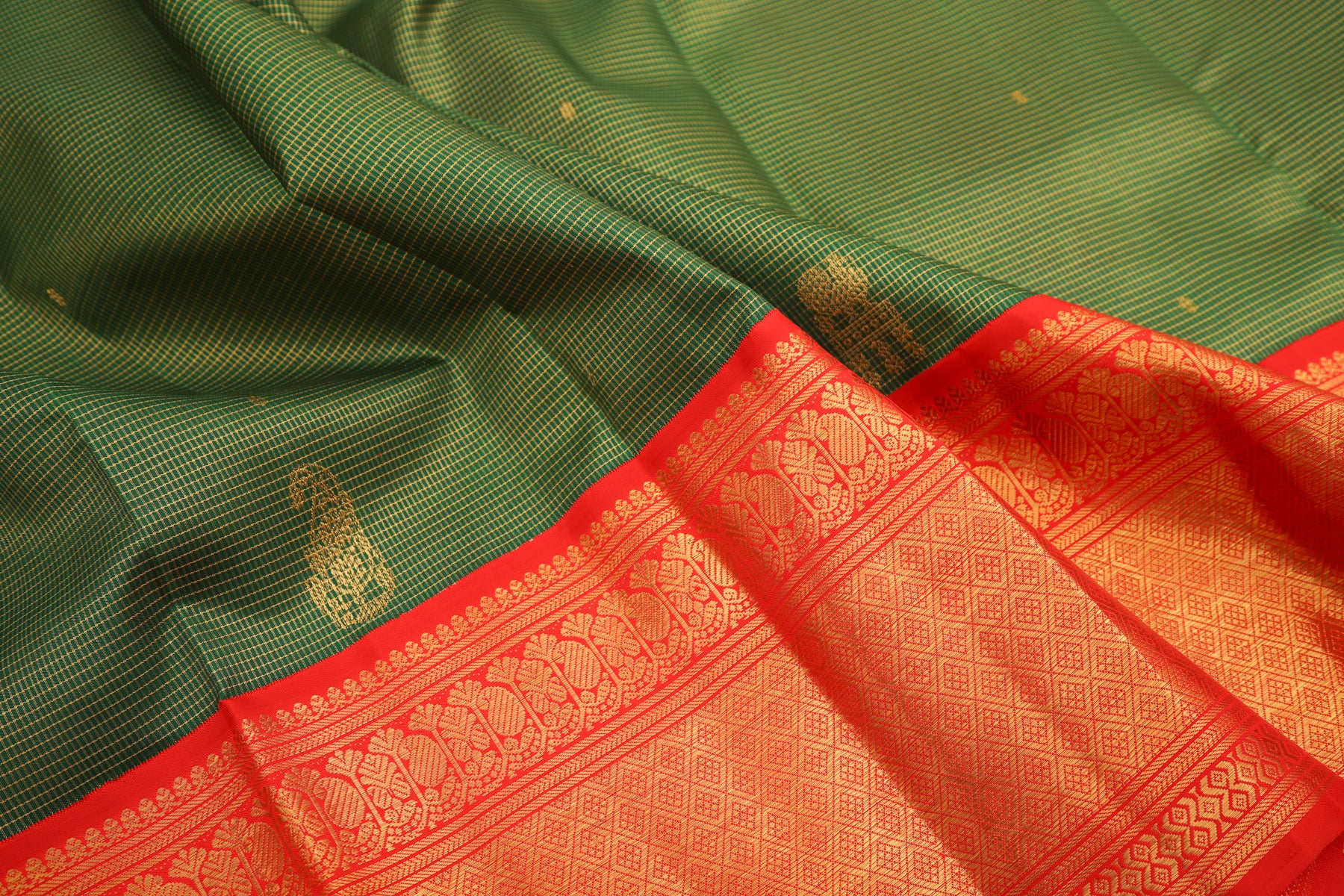 Kanchipuram Silk Checks And Butta Green Saree