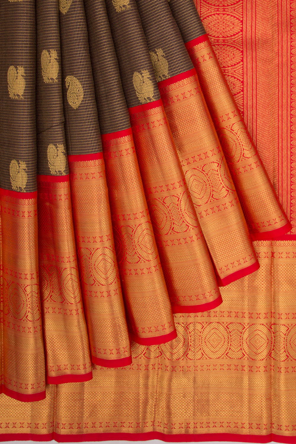 Kanchipuram Silk Checks And Butta Brown Saree