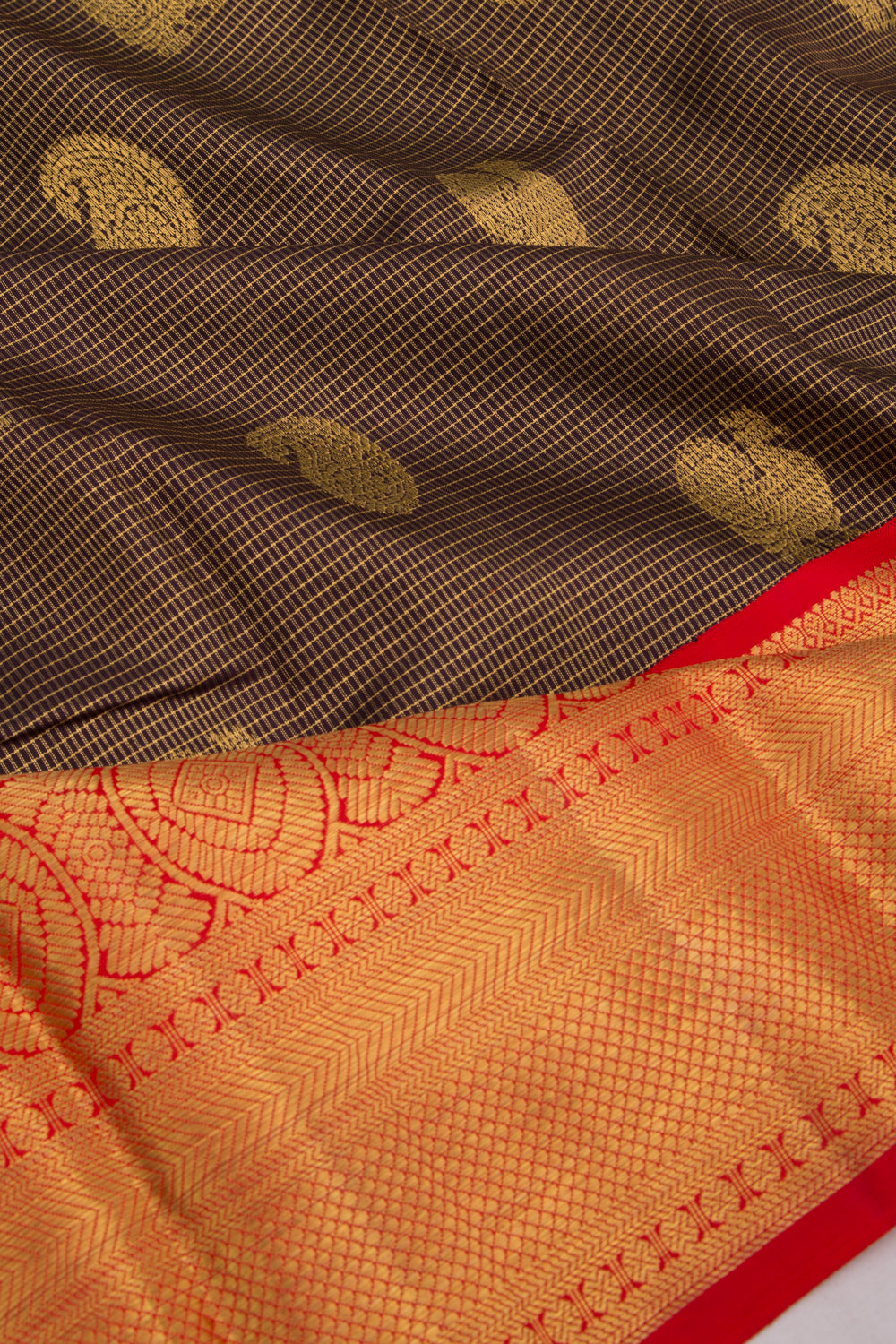 Kanchipuram Silk Checks And Butta Brown Saree